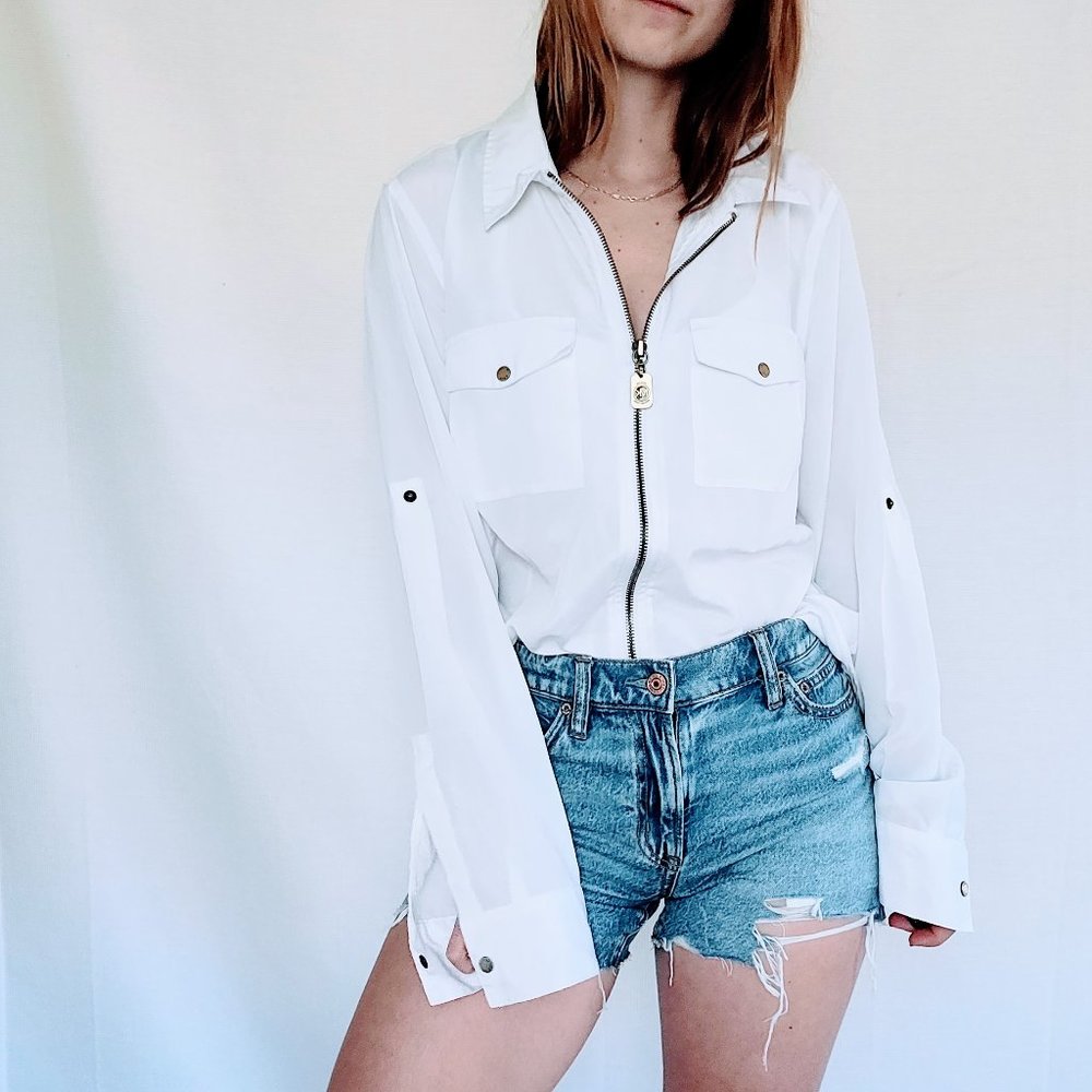 MICHAEL Michael Kors White Full Zip Front Long Sleeve Collared Shirt - Large